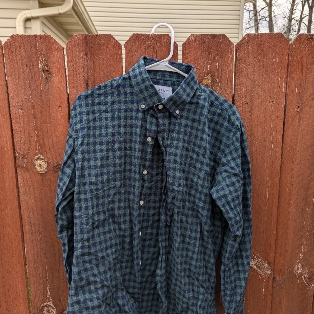 Ledbury Blue and Green Plaid Button-Up Shirt - 16 - Tailored Fit